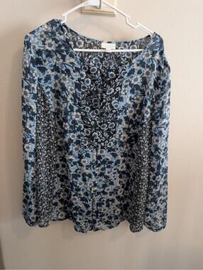 J. Jill Women's XL  Blue Floral Long Sleeve Lightweight Blouse Patchwork Cottage